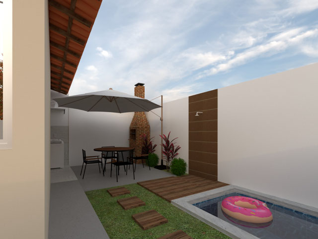 Perspectiva com paisagismo e piscina, não incluído no projeto